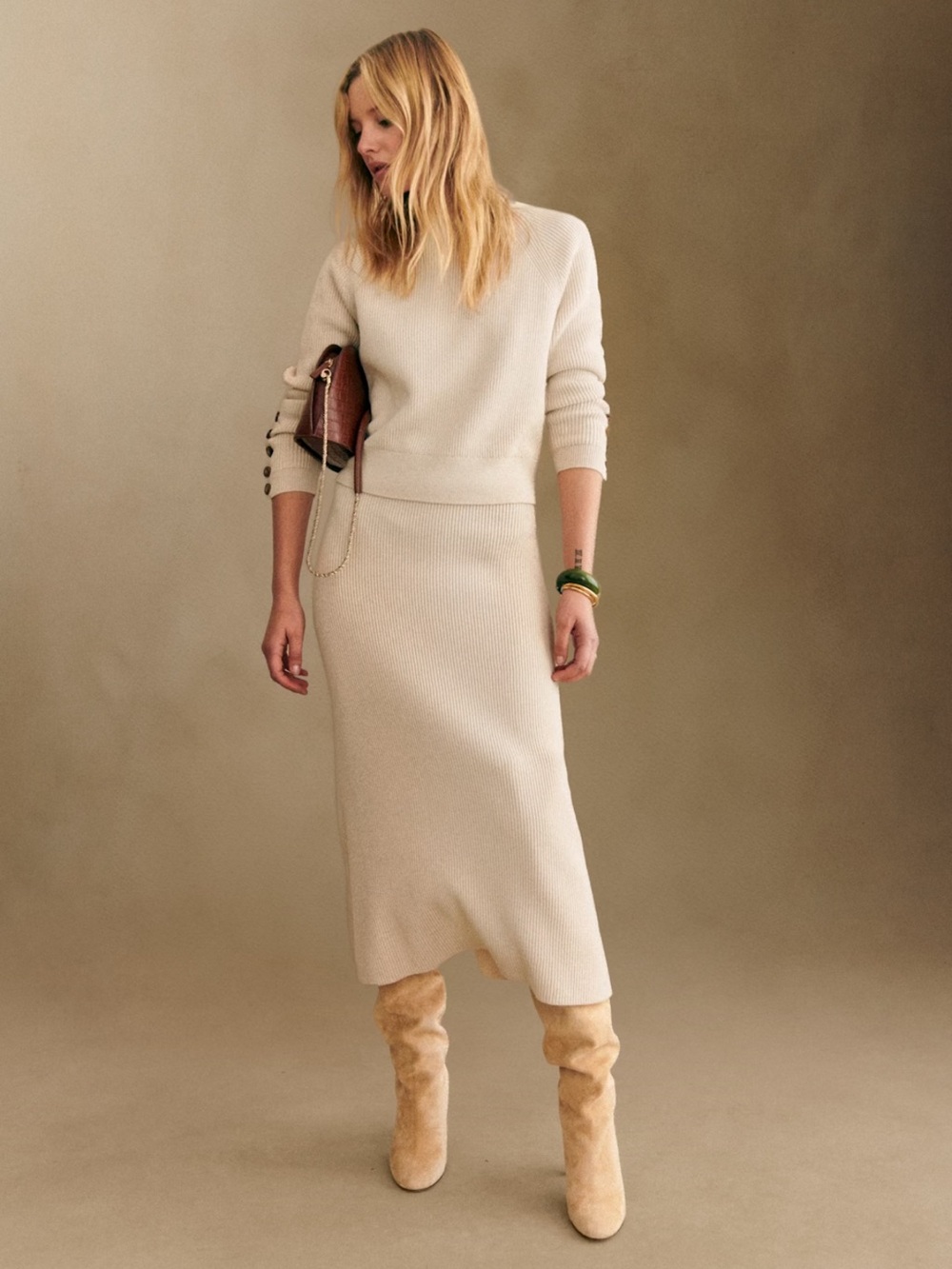 Sezane NAELLE and SAMI Cream Rib-Knit Midi Skirt Set (XS)